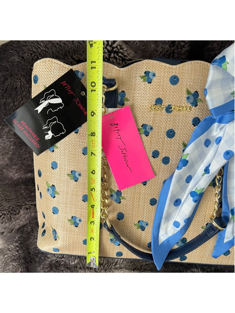 Women's Betsey Johnson Tote Bag One Size Beige Blue Blueberry Print - Picture 8 of 11